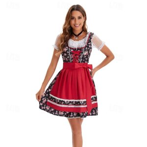 Halloween & Carnival Costumes |   Carnival Oktoberfest Beer Costume Dress Dirndl Trachtenkleider Oktoberfest / Beer Bavarian Traditional Costume Dress Wiesn Women’s Traditional Style Cloth Blouses Dress Apron Dark Red Cosplay & Costumes Dark Red