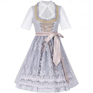 Halloween & Carnival Costumes |   Carnival Oktoberfest Beer Costume Dress Outfits Dirndl Bavarian German Munich Wiesn Women’s Traditional Style Cloth Blouse Dress Apron Gray Cosplay & Costumes Gray