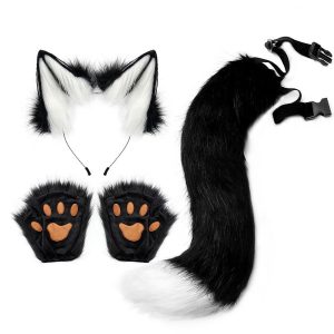 Halloween & Carnival Costumes |   Cat Ears and Wolf Fox Animal Tail Cosplay Costume Faux Fur Hair Clip Headdress Halloween Leather Headband Gloves Tail Set White | Black Cosplay & Costumes Halloween & Carnival Costumes