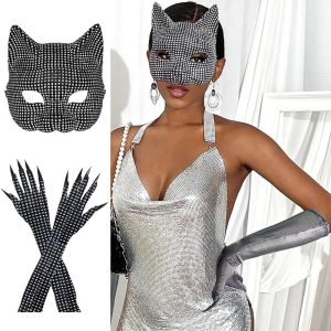 Halloween & Carnival Costumes |   Cat Women Sexy Shiny Metallic Cat Mask Long Gloves Punk & Gothic Cosplay Costume Carnival Party Evening Club Outfits Accessories Silver Cosplay & Costumes Halloween & Carnival Costumes