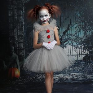 Halloween & Carnival Costumes |   Clown Pennywise Cosplay Scary Costume Dress Cosplay Costume Tutu Solid Color Girls’ for Halloween Carnival Masquerade Performance Party Kid’s Gray Cosplay & Costumes Gray