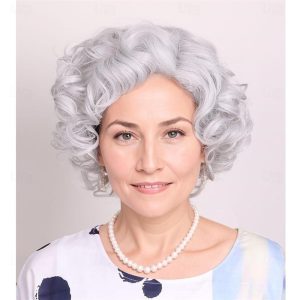 Halloween & Carnival Costumes |   ColorGround Old Lady Granny Silver White Curly Wig 100 Days of School A1 Cosplay & Costumes A1