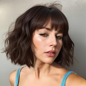 Halloween & Carnival Costumes |   Dark Brown Wigs for Women Short Wavy Bob Wig with Bangs for Women Synthetic Short Curly Wave Wigs Heat Resistant Fiber Hair Wigs for Daily A14 Cosplay & Costumes A14