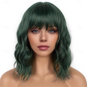 Halloween & Carnival Costumes |   Dark Green Short Bob Wigs with Bangs for Women Loose Wavy Wig Curly Wavy Shoulder Length Bob Synthetic Cosplay Wig for Girl Colorful Costume Wigs St.Patrick’s Day Wigs A1 Cosplay & Costumes A1