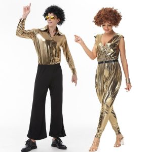 Halloween & Carnival Costumes |   Disco Cosplay Costume Halloween Group Couples Costumes Abba Costume Men’s Women’s Movie Cosplay Retro Vintage 1960s 1970s Golden Leotard / Onesie Top Pants Halloween Carnival Masquerade Spandex Golden Cosplay & Costumes Golden