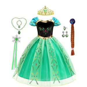 Halloween & Carnival Costumes |   Frozen Fairytale Princess Anna Flower Girl Dress Theme Party Costume Tulle Dresses Girls’ Movie Cosplay Cosplay Halloween Dark Green Green Halloween Carnival Masquerade Wedding Wedding Guest Dress Dark Green Cosplay & Costumes Dark Green