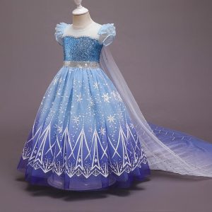 Halloween & Carnival Costumes |   Frozen Princess Elsa Dress Cloak Flower Girl Dress Girls’ Movie Cosplay Cosplay Costume Party Blue Dress Children’s Day Masquerade Polyester World Book Day Costumes Blue Cosplay & Costumes Blue