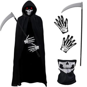 Halloween & Carnival Costumes |   Halloween Grim Reaper Costume Skeleton Skull Outfits 4 PCS Cape with Hood Cloak Plastic Scythe Skull Mask Easy Halloween Costumes Carnival for Men Adults Black Cosplay & Costumes Black