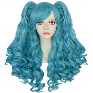 Halloween & Carnival Costumes |   Long Blue Curly Ponytail Wig Light Blue Wig with 2 Ponytails Lolita Wig Blue Wig with Bangs for Women Anime Wig Peluca Azul for Cosplay Costume Halloween Party A1 Cosplay & Costumes A1