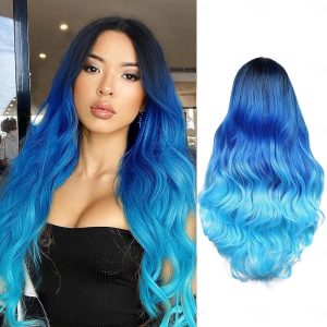 Halloween & Carnival Costumes |   Long Blue Wavy Wigs for Women Ombre Blue Body Wave Mermaid Hair Wigs Long Curly Synthetic Hair for Daily or Cosplay Blue Cosplay & Costumes Blue