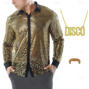 Halloween & Carnival Costumes |   Men’s Disco Shiny Shirts with Accessories Set Retro Vintage 1970s 70s Cosplay Halloween Performance Party Evening Stage Shirt Golden Cosplay & Costumes Golden