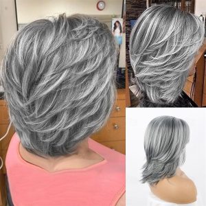 Halloween & Carnival Costumes |   Ombre Silver Gray Salt and Pepper Wigs for Women Bob Layered Wig with Curtain Bangs Short Pixie Haircuts for Older Women Synthetic Medium Length Bob Wigs for Women A1 Cosplay & Costumes A1