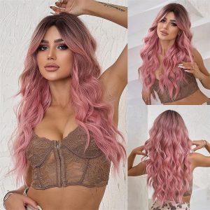 Halloween & Carnival Costumes |   Pink Wig for Women Long Ombre Brown to Pink Wavy Curly Synthetic Wigs with Bangs Middle Part Dark Roots Layered Hair with Bangs for Girls Cosplay Party Halloween Christmas Daily 26In A1 Cosplay & Costumes A1