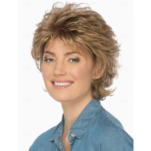 Halloween & Carnival Costumes |   Pixie Cut Short Hair Wigs for White Women Blonde Mixed Brown Wavy Layered Synthetic Wig with Bangs Natural Looking Daily Party Wig Blonde Cosplay & Costumes Blonde