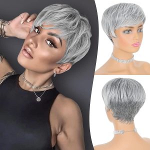 Halloween & Carnival Costumes |   Pixie Cut Wigs Synthetic Short Ombre Gray Pixie Haircut Wig with Bangs Glueless Layered Wig Wavy Grey to Black Wigs for Women Sliver White Cosplay & Costumes Halloween & Carnival Costumes