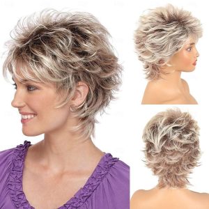 Halloween & Carnival Costumes |   Short Blonde Pixie Cut Wigs with Bangs for White Women,Brown Ombre Blonde Wig Synthetic Wavy Curly Hair Wigs Mixed Brown Wigs Layered Natural Fluffy Heat Resistant Light golden Cosplay & Costumes Halloween & Carnival Costumes