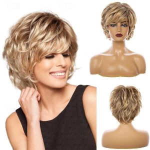 Halloween & Carnival Costumes |   Short Blonde Wigs for White Women Natural Layered Fluffy Wavy Full Synthetic Wigs Blonde Cosplay & Costumes Blonde