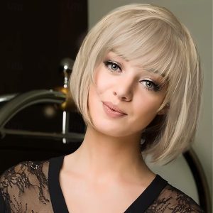 Halloween & Carnival Costumes |   Short Bob Wig with Bangs Heat Resistant Synthetic Straight Wigs for Women Cute Dark Ash Blonde blended with Blonde 10 inches Light Brown Black Brown Light Blonde Blonde Light Blonde Cosplay & Costumes Halloween & Carnival Costumes