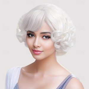 Halloween & Carnival Costumes |   Short Curly White Women Wig with Bangs Heat Resistant Synthetic Hair Water Wave Wigs for Old Lady Cosplay Daily 20s Costume Anime Halloween White Cosplay & Costumes Halloween & Carnival Costumes