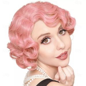 Halloween & Carnival Costumes |   Short Pink Curly Wig for Women 1920S Finger Wave Hair Wig Soft Synthetic Heat Resistant Cosplay Costume Party Wig Pink Cosplay & Costumes Halloween & Carnival Costumes