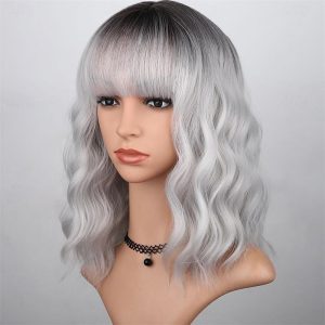 Halloween & Carnival Costumes |   Silver Gray Wavy Wig with Bangs for WomenOmbre Grey Wigs Shoulder Length Bob Curly Wig Natural Looking Silver White with Dark Roots Synthetic Hair for Daily Party Use A1 Cosplay & Costumes A1