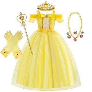 Halloween & Carnival Costumes |   Sleeping Beauty Beauty and the Beast Fairytale Princess Belle Flower Girl Dress Theme Party Costume Tulle Dresses Girls’ Movie Cosplay Halloween Yellow With Accessories Dress World Book Day Costumes Yellow (With Accessories) Cosplay & Costumes Halloween & Carnival Costumes