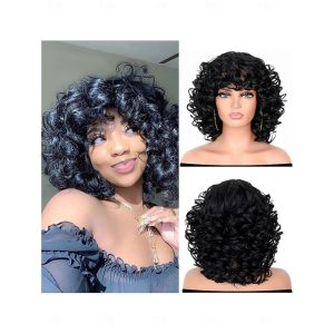 Halloween & Carnival Costumes |   Synthetic Wig Deep Curly Bob Neat Bang Wig 12 inch Black Synthetic Hair Women’s Black Black Cosplay & Costumes Black