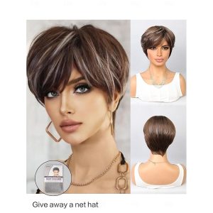 Halloween & Carnival Costumes |   Synthetic Wig Natural Straight Short Bob Side Part Wig 10 inch Brown / White Synthetic Hair Women’s Multi-color Brown | White Cosplay & Costumes Brown / White