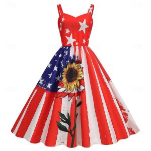 Halloween & Carnival Costumes |   USA Flag Cosplay Dress Swing Dress Flare Dress Flag Women’s for Carnival Independence Day / the Fourth of July Adults’ Black&Red 5 Cosplay & Costumes Black&Red 5