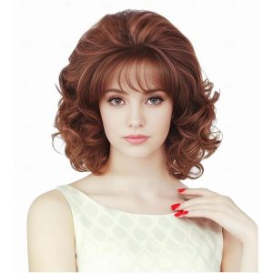 Halloween & Carnival Costumes |   Vintage Short Ginger Mixed Blonde Beehive Wig with Bangs Curly Wavy Heat Resistant Synthetic Hair Wigs for Women fits 70s 80s Costume or Halloween and Party Ginger Cosplay & Costumes Ginger