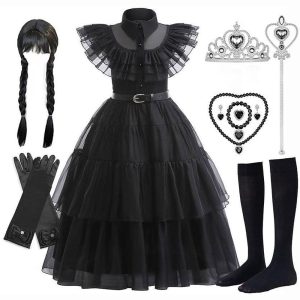 Halloween & Carnival Costumes |   Wednesday Addams Addams family Wednesday Dress Masquerade Girls’ Movie Cosplay Cosplay Black Halloween Carnival Masquerade Dress Socks Wig Black Cosplay & Costumes Black