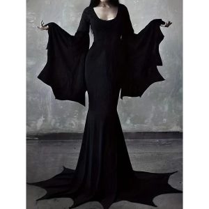 Halloween & Carnival Costumes |   Witch Morticia Addams Punk & Gothic Dress Halloween Dress Women’s for Halloween Carnival Mardi Gras Party / Evening Adults’ Black Cosplay & Costumes Black