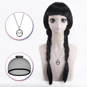 Halloween & Carnival Costumes |   Women Girls Long Black Braids Wig with Bangs Long Straight Pigtails Wig for Adult Costume Halloween Wig With Necklace And Wig Cap Black Cosplay & Costumes Black