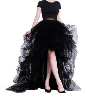 Halloween & Carnival Costumes |   Women’s High Waist High Low Layered Tulle Floor Length Spectial Occasion Skirt Retro Vintage Punk Gothic Halloween Party Wedding Carnival Black Cosplay & Costumes Black