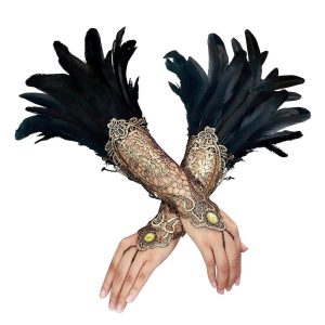 Historical & Vintage Costumes |   1 Pair Lace Feather Gloves Retro Vintage Punk & Gothic Long Gloves Feather Lace Witch Maleficent Women’s Lace Cosplay Costume Masquerade Party Evening Black Cosplay & Costumes Black