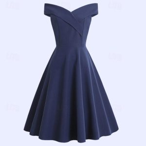 Historical & Vintage Costumes |   1950s Cocktail Dress Vintage Dress Dress A-Line Dress Tea Dress Flare Dress Knee Length Women’s Off Shoulder A-Line Valentine’s Day Homecoming Wedding Party Dress Navy Blue Cosplay & Costumes Historical & Vintage Costumes