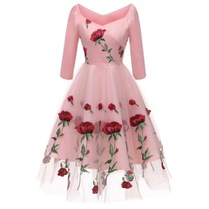 Historical & Vintage Costumes |   1950s Cocktail Dress Vintage Dress Dress Flare Dress Women’s Flower / Floral Masquerade Party / Evening Dress Pink Cosplay & Costumes Historical & Vintage Costumes