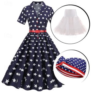 Historical & Vintage Costumes |   1950s Vintage Dress Cocktail Dress Swing Dress Flare Dress Women’s Party Dress Independence Day USA Flag Navy Blue Cosplay & Costumes Historical & Vintage Costumes