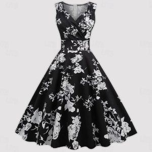 Historical & Vintage Costumes |   1950s Vintage Inspired Cocktail Dress Vintage Dress Dress Cocktail Dress Prom Dress Swing Dress Flare Dress Midi Women’s Flounced Floral Print Vintage Printing Princess V Neck Masquerade Party Black Cosplay & Costumes Black