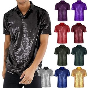 Historical & Vintage Costumes |   1970s Disco T-shirt Men’s Short Sleeve Turndown Sparkle Sequins Polo Shirts 70s 80s Disco Nightclub Party Tops Black Cosplay & Costumes Black