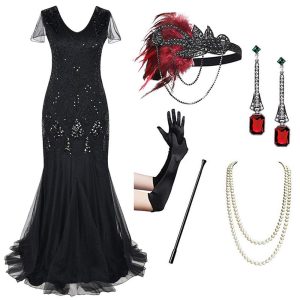 Historical & Vintage Costumes |   Flapper Dress The Great Gatsby 6 Pcs Retro Vintage Roaring 20s 1920s With Accessories Set Outfits Cocktail Dress Women’s Sequins Costume Vintage Cosplay Party Evening Dress Black Cosplay & Costumes Black