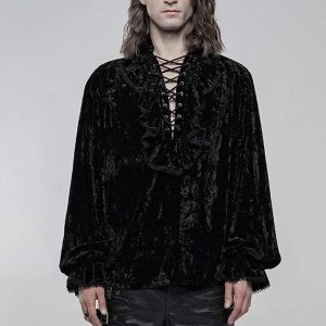 Historical & Vintage Costumes |   Men’s Gothic Ruffles Loosed Velvet Shirts Punk & Gothic Medieval Steampunk Vampire  Cosplay Costume Halloween Party Black Cosplay & Costumes Black