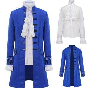 Historical & Vintage Costumes |   Men’s Medieval Victorian Outfits 2 PCS Retro Vintage Steampunk Shirt Trench Coat Vampire Cosplay Costume Halloween Party Masquerade Blue Cosplay & Costumes Blue