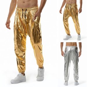 Historical & Vintage Costumes |   Men’s Pants Cargo Pants Loose Pants Hip Hop Dance Costumes Shiny Metallic 1980s Silver Golden Golden Cosplay & Costumes Golden