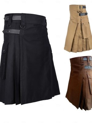 Historical & Vintage Costumes |   Men’s Scottish Utility Kilts Stylish Classic Style Retro Vintage Punk & Gothic Skirt Rivet Pleated Cosplay Costume Party Halloween Skirt Black Cosplay & Costumes Black