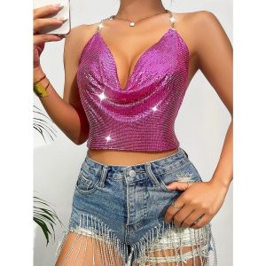 Historical & Vintage Costumes |   Metallic Backless Sparkle Sexy Halter Camisole Body Chain Crop Tank Top Disco Women’s Party Club Pride Parade Tank Top Rose Red Cosplay & Costumes Historical & Vintage Costumes