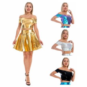 Historical & Vintage Costumes |   Metallic Sexy 1980s Shiny Latex Patent Crop Top PU Leather Off Shoulder Women’s Masquerade Party Pride Parade Pride Month Top Black Cosplay & Costumes Black