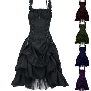 Historical & Vintage Costumes |   Punk & Gothic Medieval Cocktail Dress Vintage Dress Dress Masquerade Goth Girl Plus Size Women’s Halloween Halloween Prom Festival Dress Summer Black Cosplay & Costumes Black