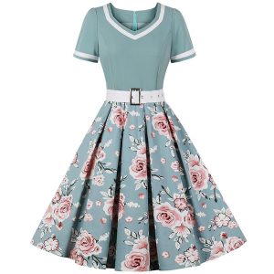 Historical & Vintage Costumes |   Retro Vintage 1950s A-Line Dress Rockabilly Swing Dress Flare Dress Midi Women’s Floral A-Line V Neck Carnival Party Evening Homecoming Cocktail Party Dress Blue Cosplay & Costumes Blue