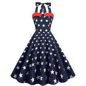 Historical & Vintage Costumes |   Retro Vintage 1950s Independence Day A-Line Dress Swing Dress Halter Flare Dress Women’s USA Flag Masquerade Casual Daily Dress Navy Blue Cosplay & Costumes Historical & Vintage Costumes